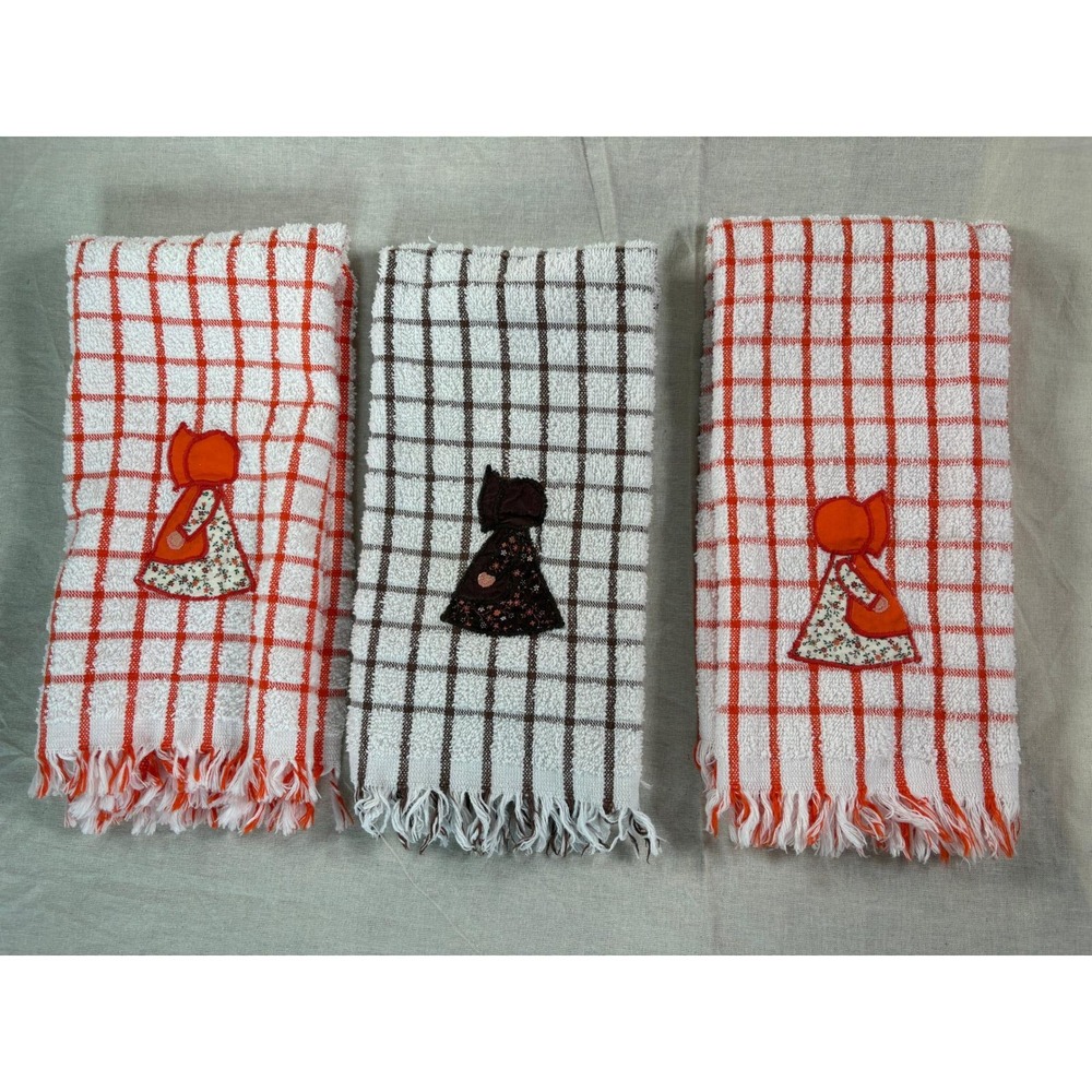 Vtg Cannon Kitchen Towels Set of (3) Sunbonnet Girl Applique Fringe Brown Orange